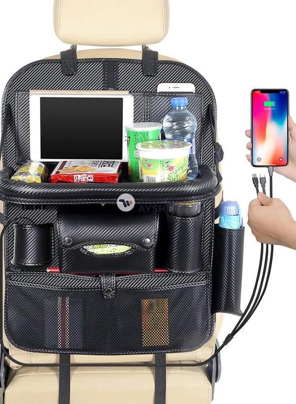 Generic Auto Back Seat Organizer With Table Tray with 3 Charging Line