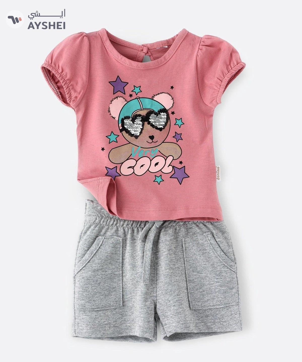 Babyqlo Very cool bear with sequins glass tee with grey shorts set for girls- peach-0-portrait