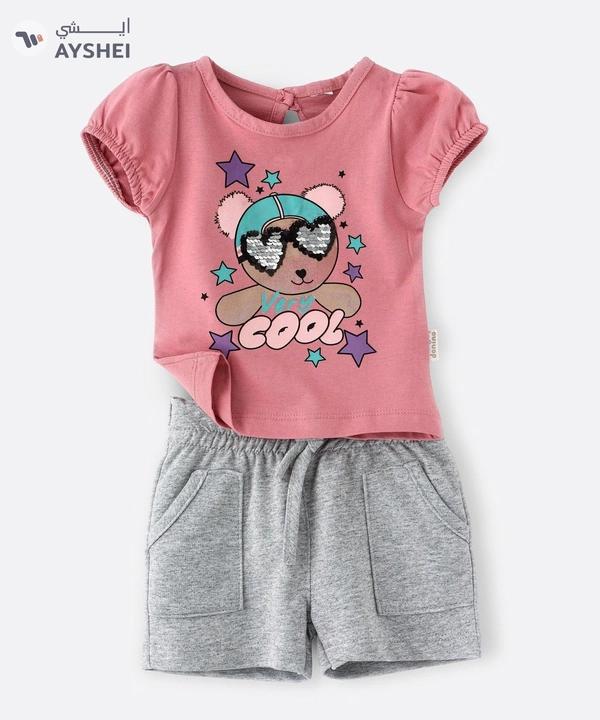 Babyqlo Very cool bear with sequins glass tee with grey shorts set for girls- peach