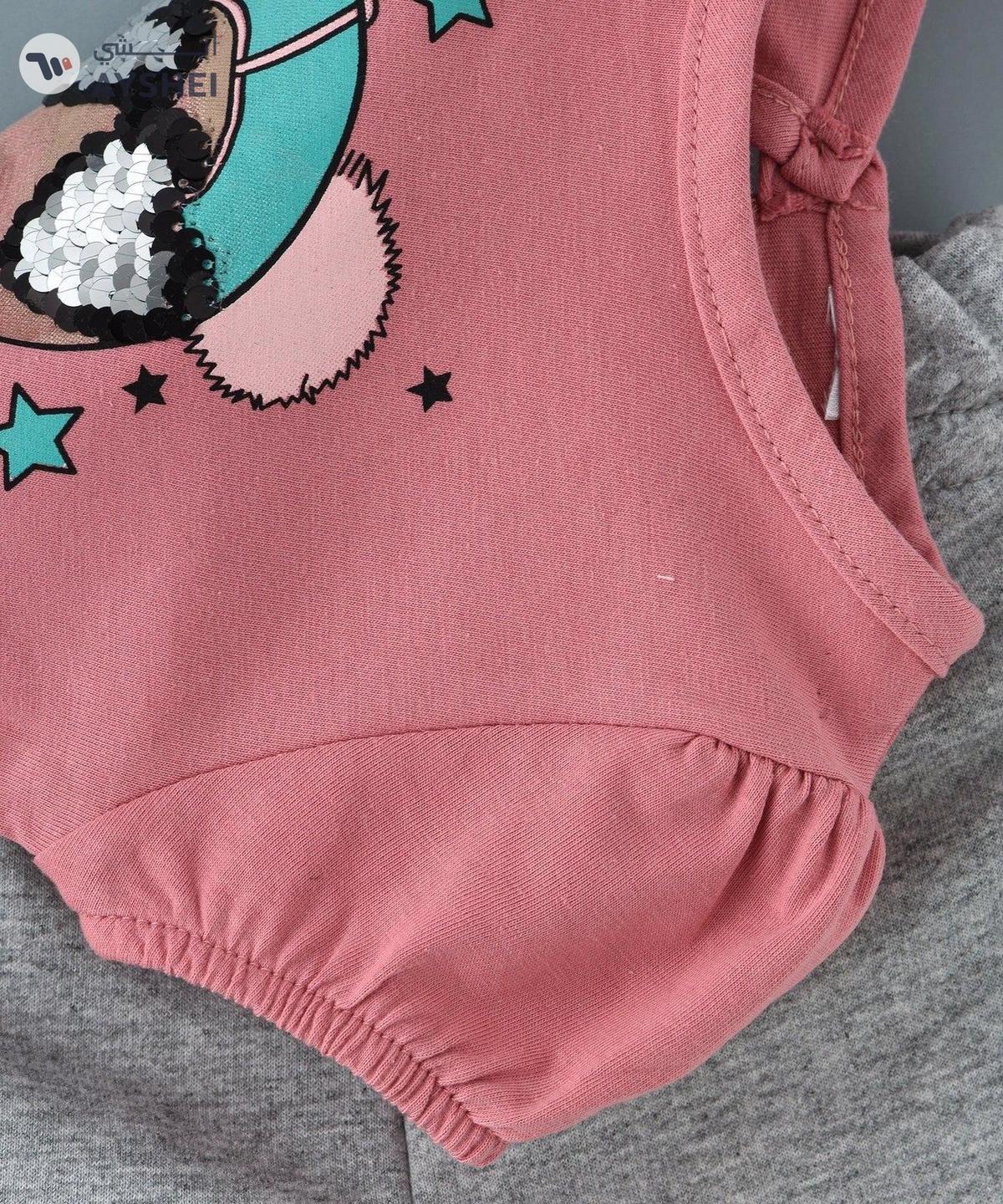 Babyqlo Very cool bear with sequins glass tee with grey shorts set for girls- peach-1-portrait