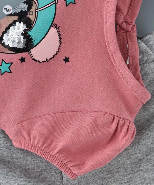 Babyqlo Very cool bear with sequins glass tee with grey shorts set for girls- peach