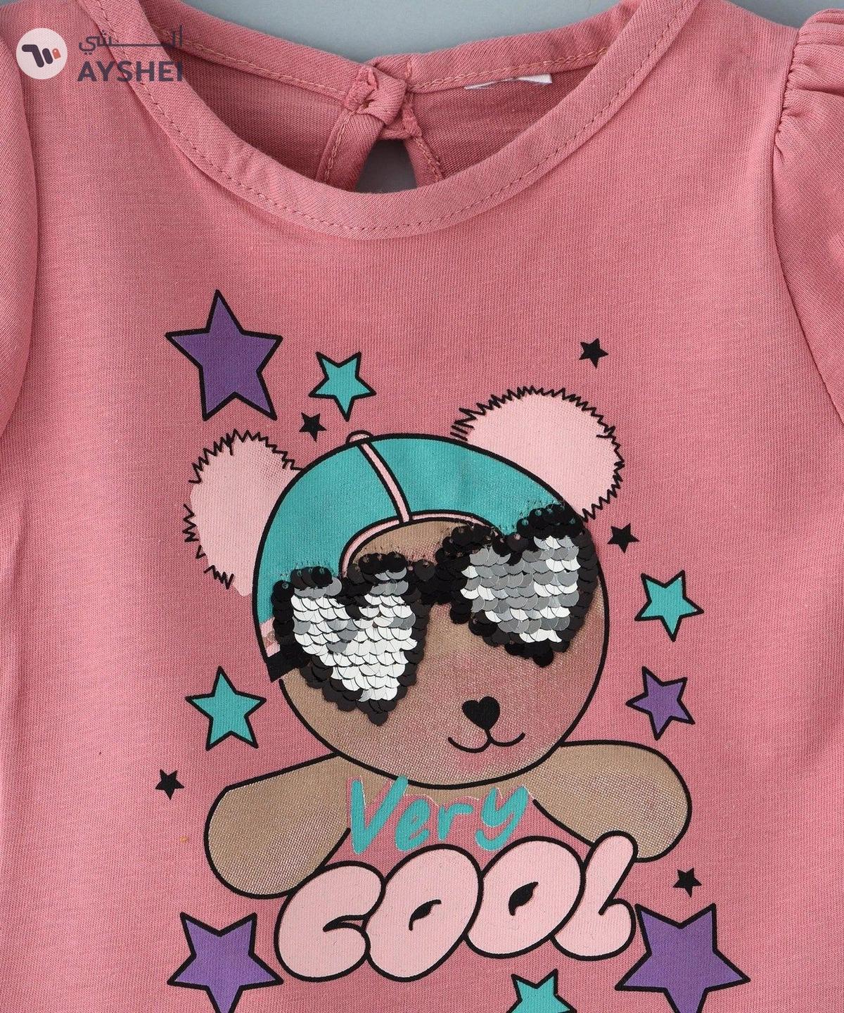 Babyqlo Very cool bear with sequins glass tee with grey shorts set for girls- peach-1-portrait