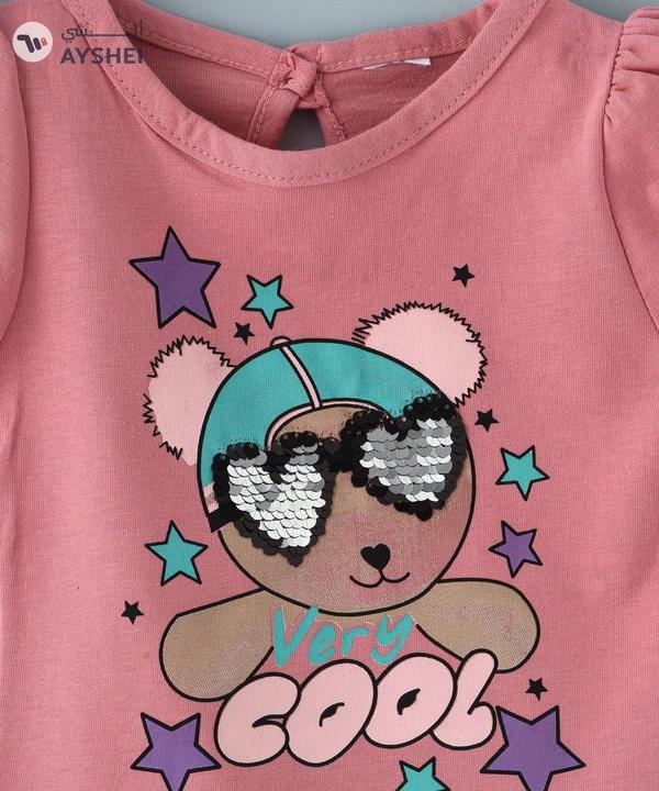 Babyqlo Very cool bear with sequins glass tee with grey shorts set for girls- peach