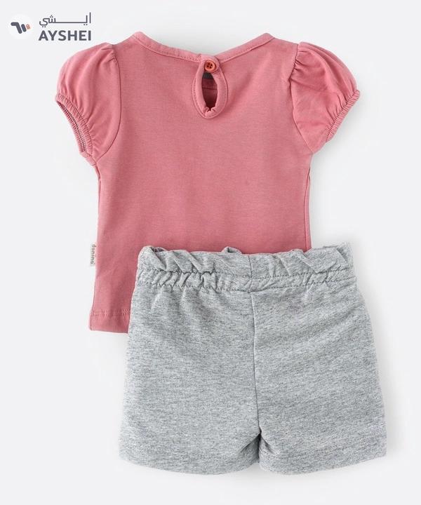 Babyqlo Very cool bear with sequins glass tee with grey shorts set for girls- peach