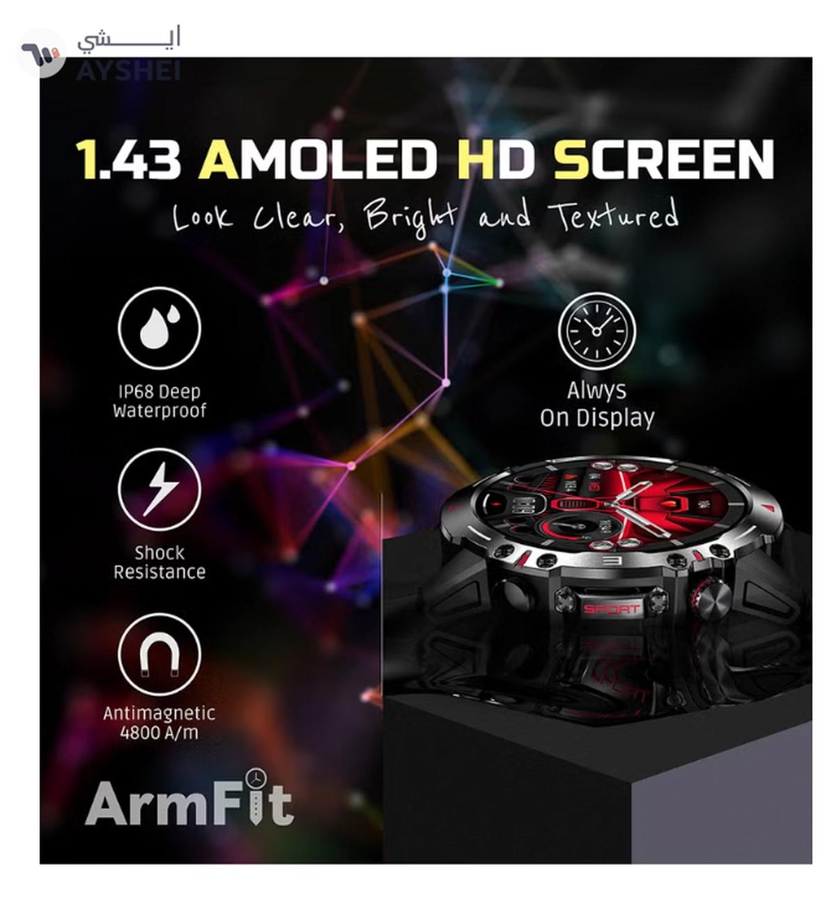 ARMFIT Hulk Smartwatch For Men, AMOLED Always On Display Bluetooth Calling Waterproof Fitness Watches Compatible With Android iOS Black-6-6