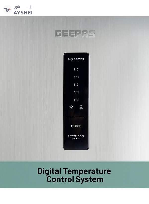GEEPAS 500L Gross/420L Net Capacity No Frost Double Door Refrigerator With Multi Airflow| Recessed Handle, Lock & Key, LED Interior Light, Ice Tray, Egg Tray, Unbreakable Glass Shelves, Large Crisper Drawer With Humidity Control,Freezer- 95L capacity GRF5109SXHN Silver