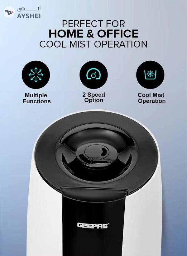 GEEPAS Ultrasonic Humidifier 2.6 L Water Tank, Touch Panel Control/ Cool Mist Operation, 2 Speed and 360-Degree Rotatable Nozzle/ Multiple Functions, Filter for Purifying and Softening Water. GUH63072UK White & black