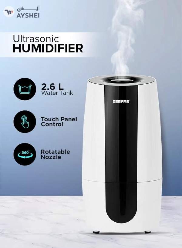 GEEPAS Ultrasonic Humidifier 2.6 L Water Tank, Touch Panel Control/ Cool Mist Operation, 2 Speed and 360-Degree Rotatable Nozzle/ Multiple Functions, Filter for Purifying and Softening Water. GUH63072UK White & black