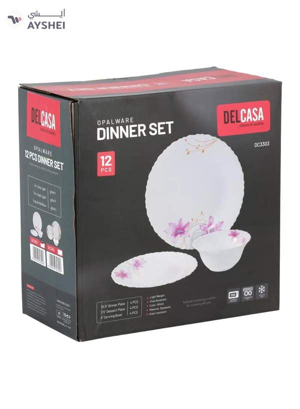 Delcasa DC3303 Botanical Bliss Opalware Dinner Set 12-Pieces, White/pink