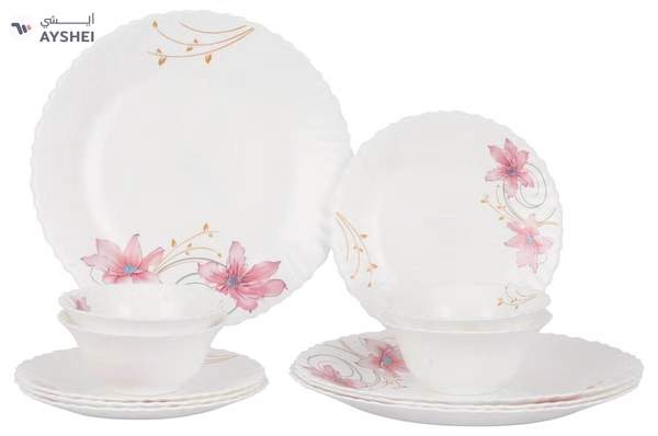 Delcasa DC3303 Botanical Bliss Opalware Dinner Set 12-Pieces, White/pink