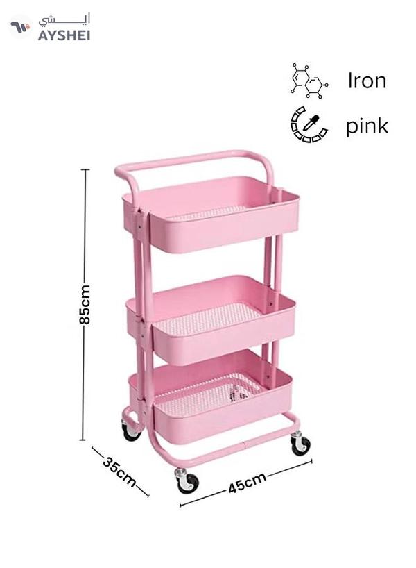 ALMUFARREJ 3-Tier Rolling Shelves Metal Cart Organizer Pink 85x45x35cm