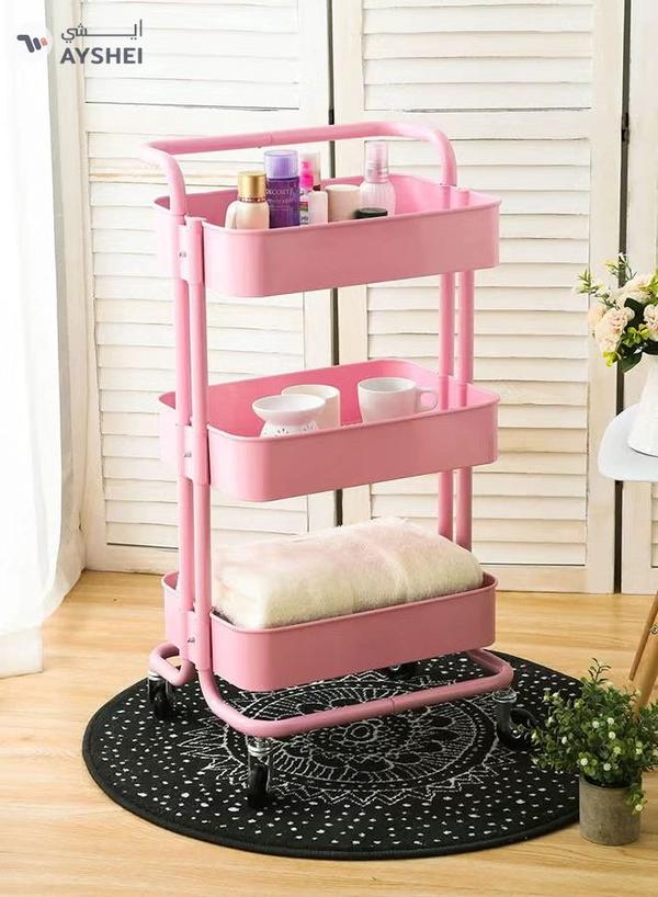 ALMUFARREJ 3-Tier Rolling Shelves Metal Cart Organizer Pink 85x45x35cm