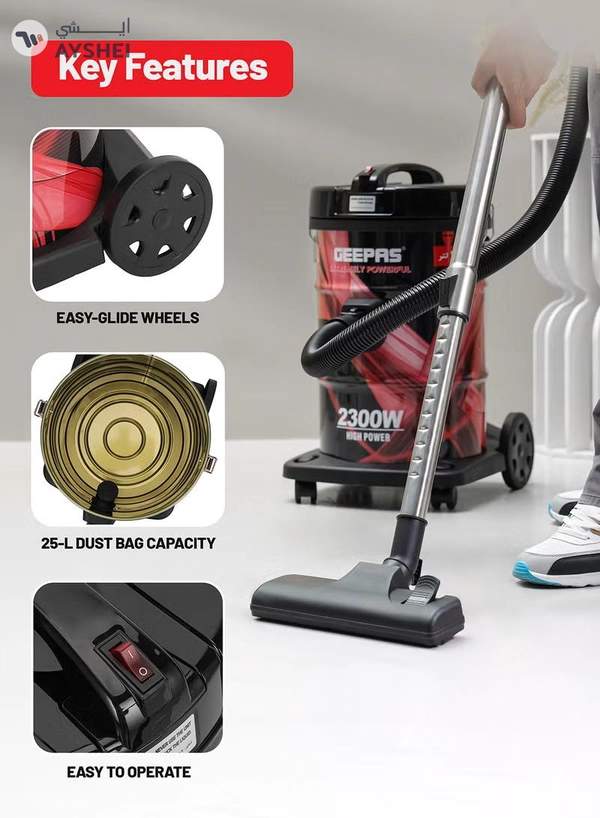 GEEPAS Drum Vacuum Cleaner With 25 L Dust Bag Capacity/Dry And Blow Function/Adjustable Suction Power And Multi-Filtration System/Dust Full Indicator & Perfect For Home, Apartments, Offices & Malls 2300 W GVC2598N Grey/Black