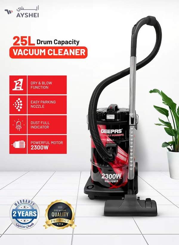GEEPAS Drum Vacuum Cleaner With 25 L Dust Bag Capacity/Dry And Blow Function/Adjustable Suction Power And Multi-Filtration System/Dust Full Indicator & Perfect For Home, Apartments, Offices & Malls 2300 W GVC2598N Grey/Black