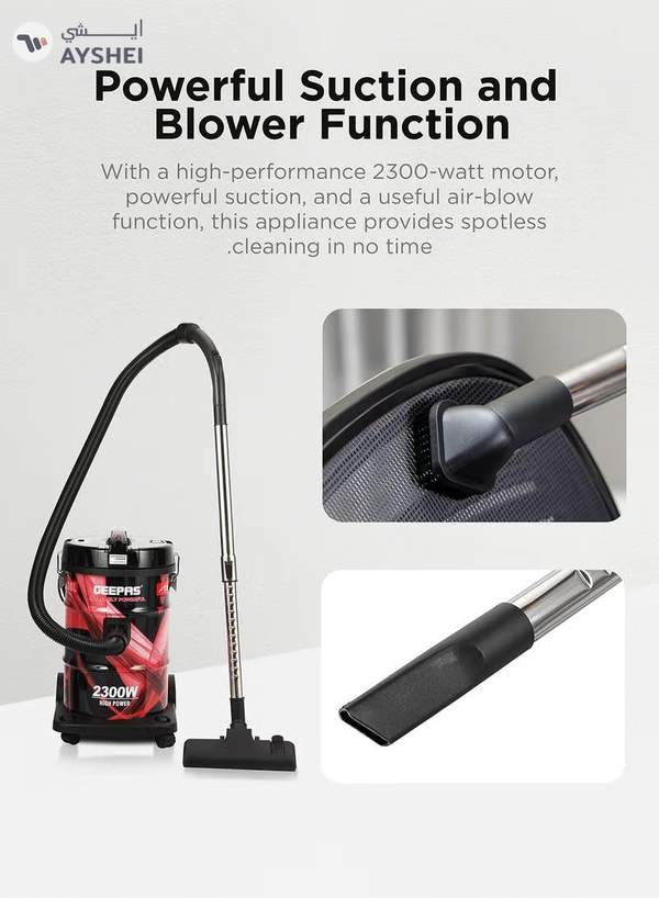 GEEPAS Drum Vacuum Cleaner With 25 L Dust Bag Capacity/Dry And Blow Function/Adjustable Suction Power And Multi-Filtration System/Dust Full Indicator & Perfect For Home, Apartments, Offices & Malls 2300 W GVC2598N Grey/Black