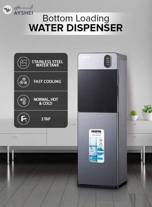 GEEPAS Bottom Loading Water Dispenser| Normal, Hot and Cold Function, Compressor Cooling, And 3 Taps| Cold Temperature: 4-12 Degrees Celsius; Hot Temperature: 85-95 Degrees Celsius| Perfect For Home And Office| Metallic grey, 2 Year Warranty GWD17037 Grey & Black