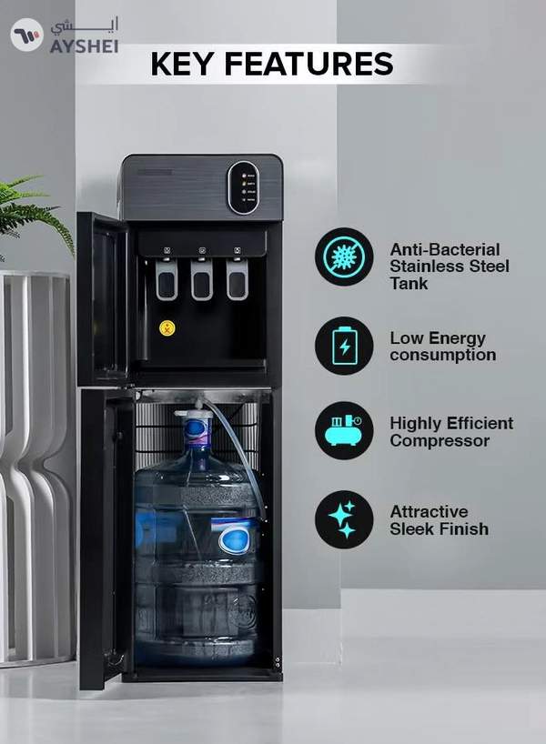 GEEPAS Bottom Loading Water Dispenser| Normal, Hot and Cold Function, Compressor Cooling, And 3 Taps| Cold Temperature: 4-12 Degrees Celsius; Hot Temperature: 85-95 Degrees Celsius| Perfect For Home And Office| Metallic grey, 2 Year Warranty GWD17037 Grey & Black