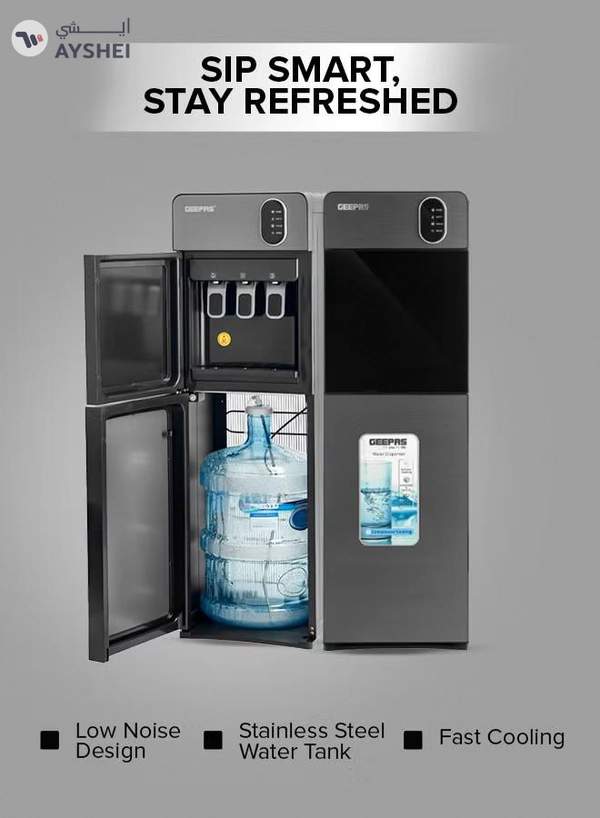 GEEPAS Bottom Loading Water Dispenser| Normal, Hot and Cold Function, Compressor Cooling, And 3 Taps| Cold Temperature: 4-12 Degrees Celsius; Hot Temperature: 85-95 Degrees Celsius| Perfect For Home And Office| Metallic grey, 2 Year Warranty GWD17037 Grey & Black