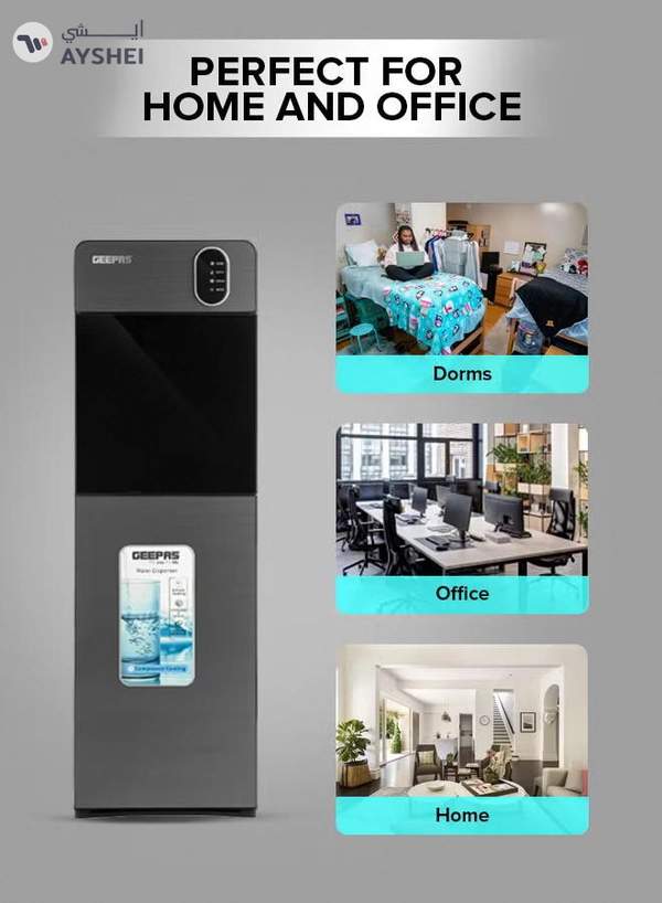 GEEPAS Bottom Loading Water Dispenser| Normal, Hot and Cold Function, Compressor Cooling, And 3 Taps| Cold Temperature: 4-12 Degrees Celsius; Hot Temperature: 85-95 Degrees Celsius| Perfect For Home And Office| Metallic grey, 2 Year Warranty GWD17037 Grey & Black