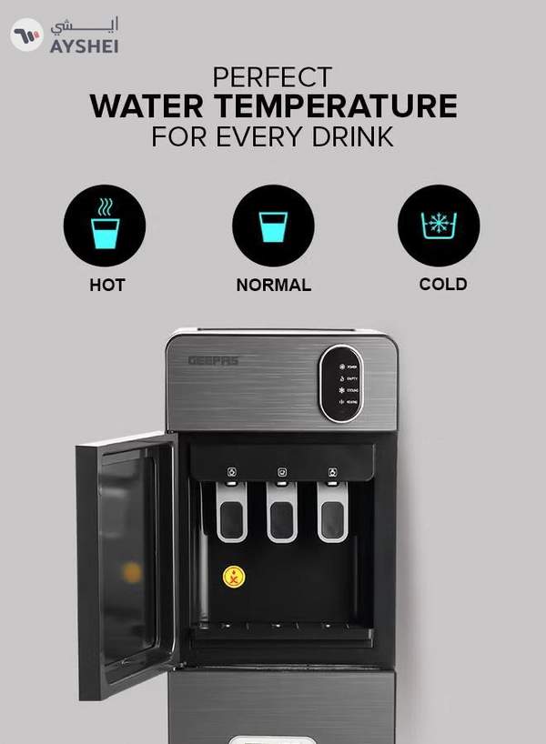 GEEPAS Bottom Loading Water Dispenser| Normal, Hot and Cold Function, Compressor Cooling, And 3 Taps| Cold Temperature: 4-12 Degrees Celsius; Hot Temperature: 85-95 Degrees Celsius| Perfect For Home And Office| Metallic grey, 2 Year Warranty GWD17037 Grey & Black