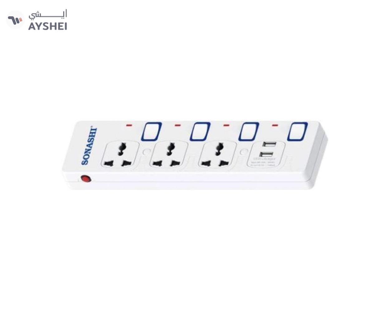 Sonashi 3Way Extension Socket with USB Port Long 3M Copper AC Cord with Independent Switch Light-1-1