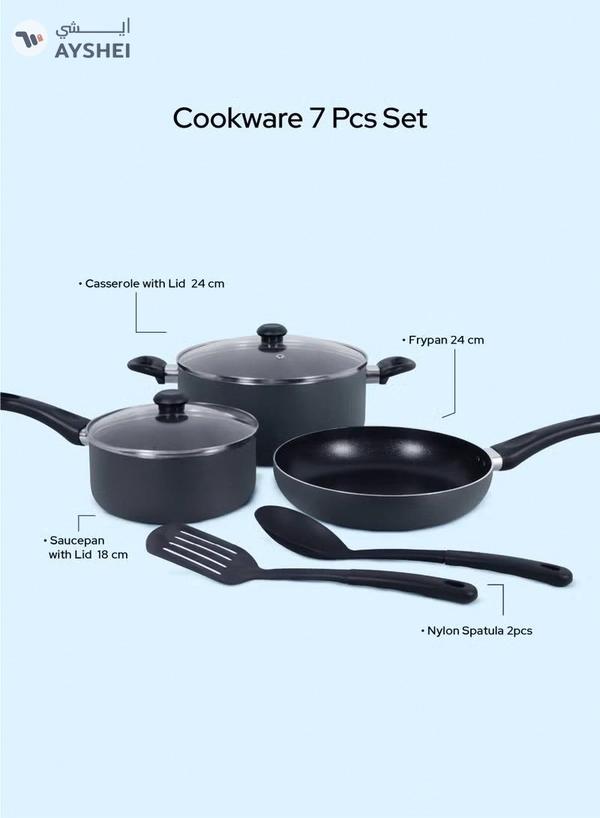 DELICI Nonstick Cookware Set 7 Pcs (NCS7G) | 10X Tougher Coating | Quick & Even Heat Distribution | Suitable for Hot Plate, Halogen, Ceramic, Gas | 24cm Casserole with Lid, 18cm Saucepan with Lid, 24cm Frypan and 2 Nylon Spatulas
