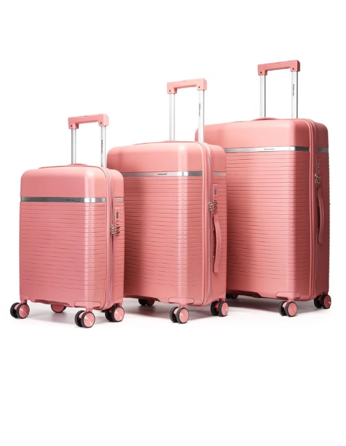 British Traveller 3-Piece Polypropylene Luggage Set | 20”, 24”, 28” Lightweight Suitcases with 360° Spinner Wheels, TSA Lock, Water & Scratch Resistant | Durable Hard Shell Trolley Bags with Telescopic Handle - Pink-0-portrait