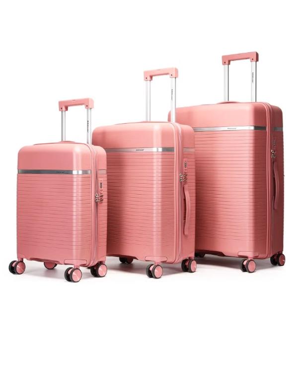 British Traveller 3-Piece Polypropylene Luggage Set | 20”, 24”, 28” Lightweight Suitcases with 360° Spinner Wheels, TSA Lock, Water & Scratch Resistant | Durable Hard Shell Trolley Bags with Telescopic Handle - Pink