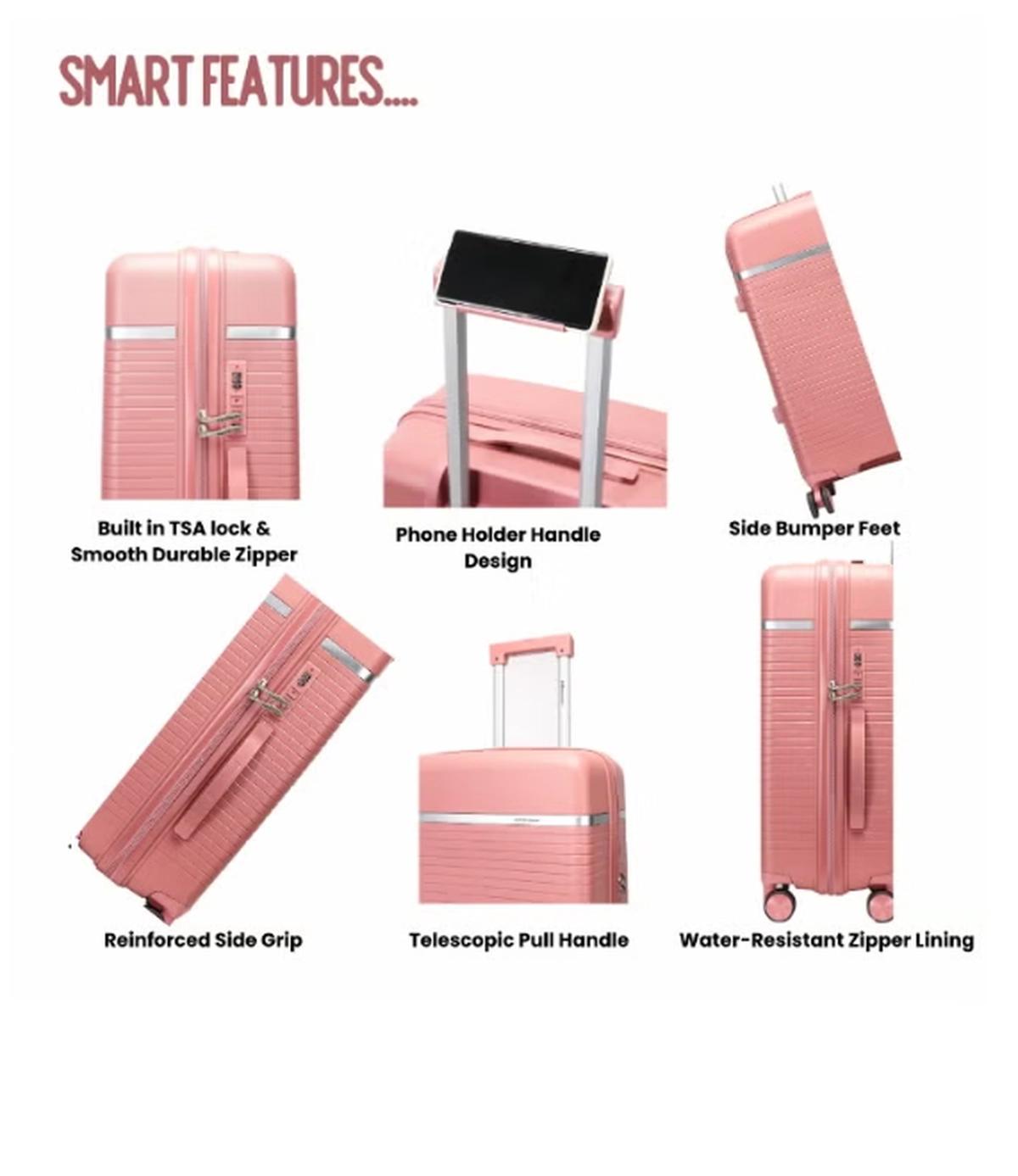 British Traveller 3-Piece Polypropylene Luggage Set | 20”, 24”, 28” Lightweight Suitcases with 360° Spinner Wheels, TSA Lock, Water & Scratch Resistant | Durable Hard Shell Trolley Bags with Telescopic Handle - Pink-5-5