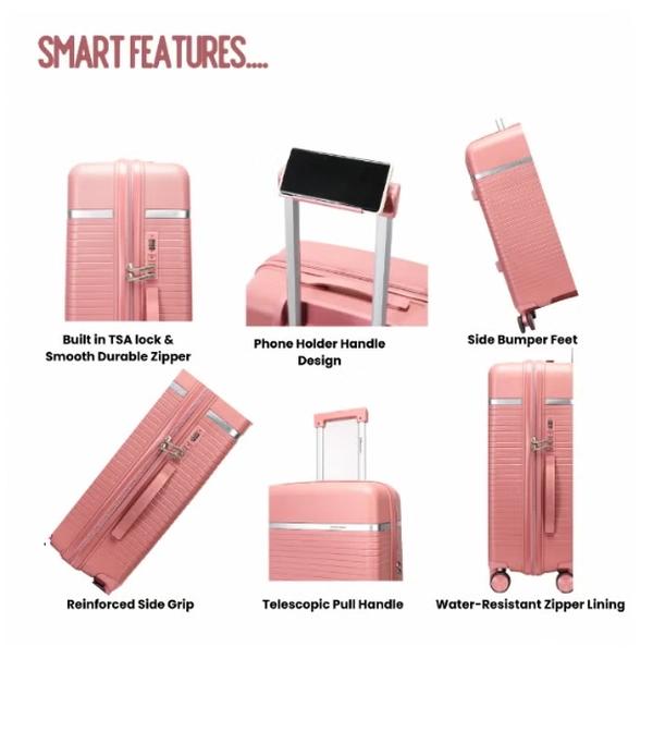 British Traveller 3-Piece Polypropylene Luggage Set | 20”, 24”, 28” Lightweight Suitcases with 360° Spinner Wheels, TSA Lock, Water & Scratch Resistant | Durable Hard Shell Trolley Bags with Telescopic Handle - Pink