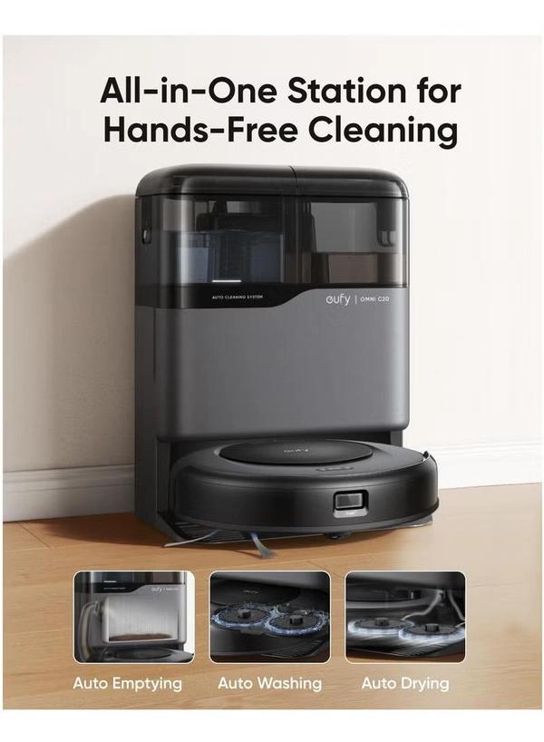 Eufy Robot Vacuum Omni C20 with All-in-One Station, Auto Emptying, Mop Washing and Drying for Hands-Free Cleaning, 7,000 Pa Powerful Suction, 3.35-Inch Ultra-Slim Body, Robot Vacuum and Mop Combo 30 W T2280V11 Black