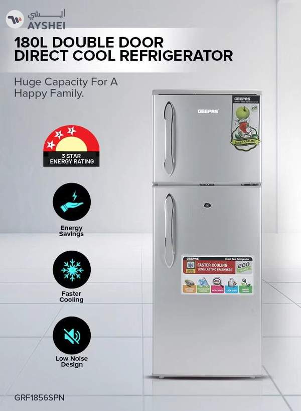 GEEPAS 180LGross/ 132L Net Capacity, Double Door Refrigerator - Durable Double Door Refrigerator, Fast Cooling & Preserves Freshness, Low Noise, Energy Efficient, In-Built Deodorizer, Tempered Glass Shelves , Freezer Capacity-34L 120 W 120 W GRF1856SPN Silver