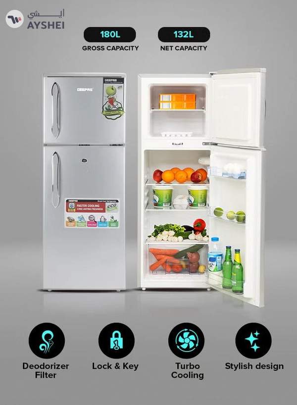 GEEPAS 180LGross/ 132L Net Capacity, Double Door Refrigerator - Durable Double Door Refrigerator, Fast Cooling & Preserves Freshness, Low Noise, Energy Efficient, In-Built Deodorizer, Tempered Glass Shelves , Freezer Capacity-34L 120 W 120 W GRF1856SPN Silver