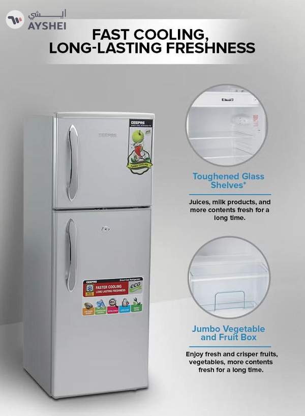 GEEPAS 180LGross/ 132L Net Capacity, Double Door Refrigerator - Durable Double Door Refrigerator, Fast Cooling & Preserves Freshness, Low Noise, Energy Efficient, In-Built Deodorizer, Tempered Glass Shelves , Freezer Capacity-34L 120 W 120 W GRF1856SPN Silver