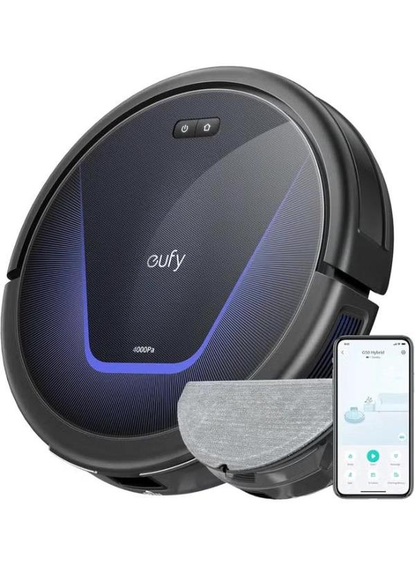 Eufy G50 Robot Vacuum With 4,000 Pa Powerful Suction, Dynamic Navigation And Pro Detangle Comb Roller Brush For Hair Cleaning, Mop Pad For Light Surface Cleaning, Perfect For Hard Floor, Pet Hair, Carpet 40 W T2212 Black
