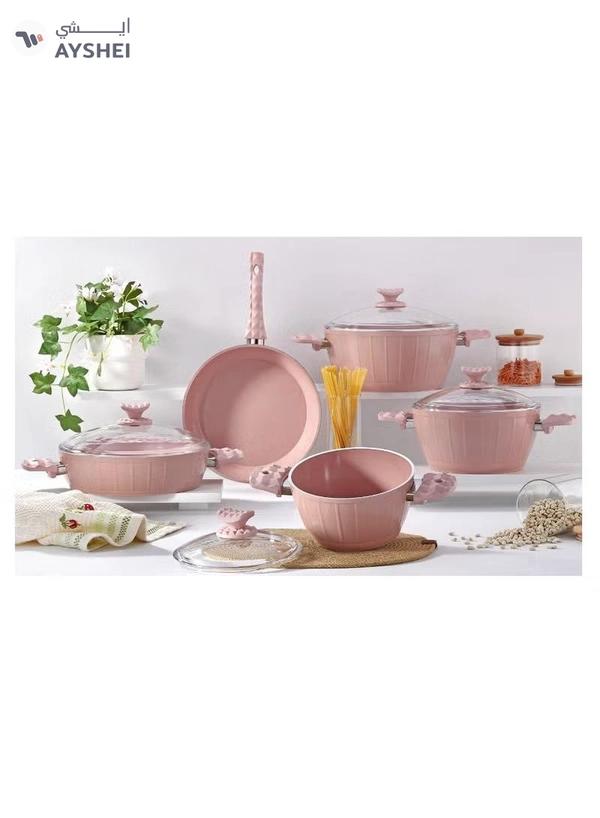 Homemaker 9-Piece Farah Cookware Set - Tempered Glass Lids - 3 Deep Pots - 1 Low Pot - 1 Frypan - Non-Stick Ceramic Surface - PFOA Free - Pink