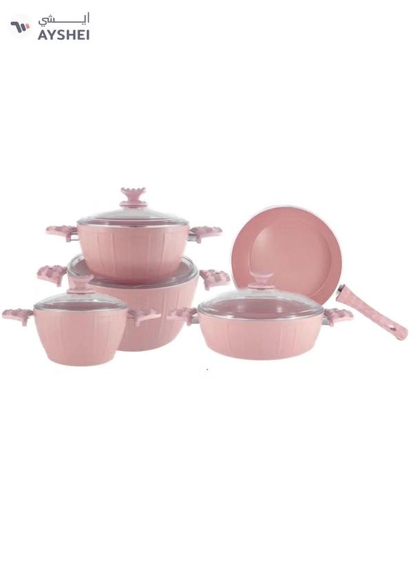 Homemaker 9-Piece Farah Cookware Set - Tempered Glass Lids - 3 Deep Pots - 1 Low Pot - 1 Frypan - Non-Stick Ceramic Surface - PFOA Free - Pink
