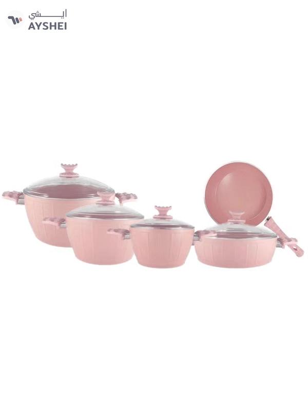 Homemaker 9-Piece Farah Cookware Set - Tempered Glass Lids - 3 Deep Pots - 1 Low Pot - 1 Frypan - Non-Stick Ceramic Surface - PFOA Free - Pink