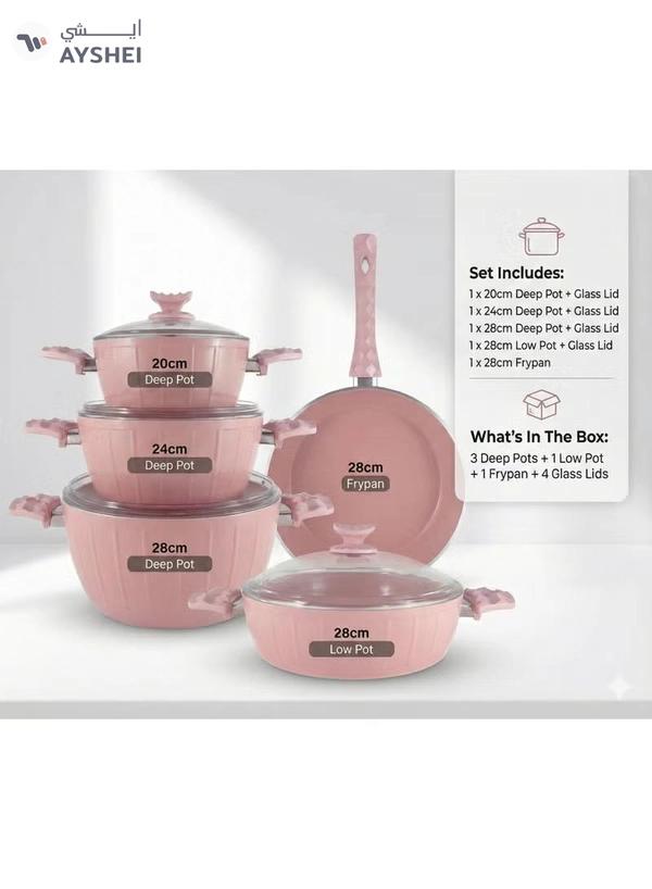 Homemaker 9-Piece Farah Cookware Set - Tempered Glass Lids - 3 Deep Pots - 1 Low Pot - 1 Frypan - Non-Stick Ceramic Surface - PFOA Free - Pink