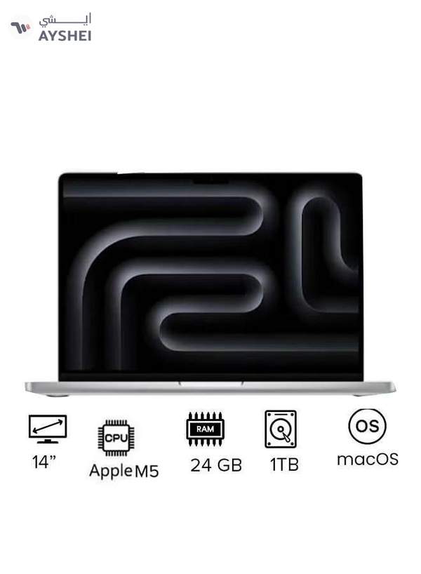 Apple New M5 Macbook Pro 2025 Laptop With 14‑inch XDR Retina Display, M5 chip with 10-core CPU, 10-core GPU Processor/24GB RAM/1TB SSD/MacOS English/Arabic silver