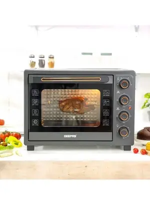 Geepas 58 L Electric Oven 2100 W | With Rotisserie, Convection Functions and Inner Lamp| Easy to Use Control Knobs, 2 Switch Heating Selector, Adjustable Temperature| Perfect for Baking, Roasting, Cooking Meat, Vegetables, Cakes, Etc| 2 Years Warranty 58 L 2100 W GO34060 Black