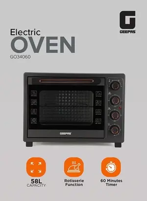 Geepas 58 L Electric Oven 2100 W | With Rotisserie, Convection Functions and Inner Lamp| Easy to Use Control Knobs, 2 Switch Heating Selector, Adjustable Temperature| Perfect for Baking, Roasting, Cooking Meat, Vegetables, Cakes, Etc| 2 Years Warranty 58 L 2100 W GO34060 Black