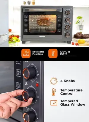 Geepas 58 L Electric Oven 2100 W | With Rotisserie, Convection Functions and Inner Lamp| Easy to Use Control Knobs, 2 Switch Heating Selector, Adjustable Temperature| Perfect for Baking, Roasting, Cooking Meat, Vegetables, Cakes, Etc| 2 Years Warranty 58 L 2100 W GO34060 Black