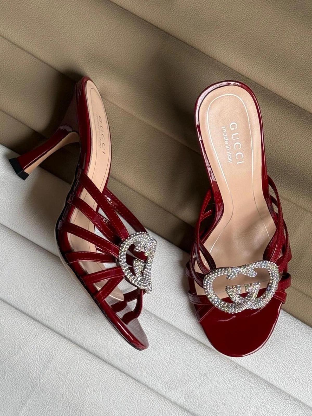 Gucci Red Patent Leather Crystal GG Mules-0-1