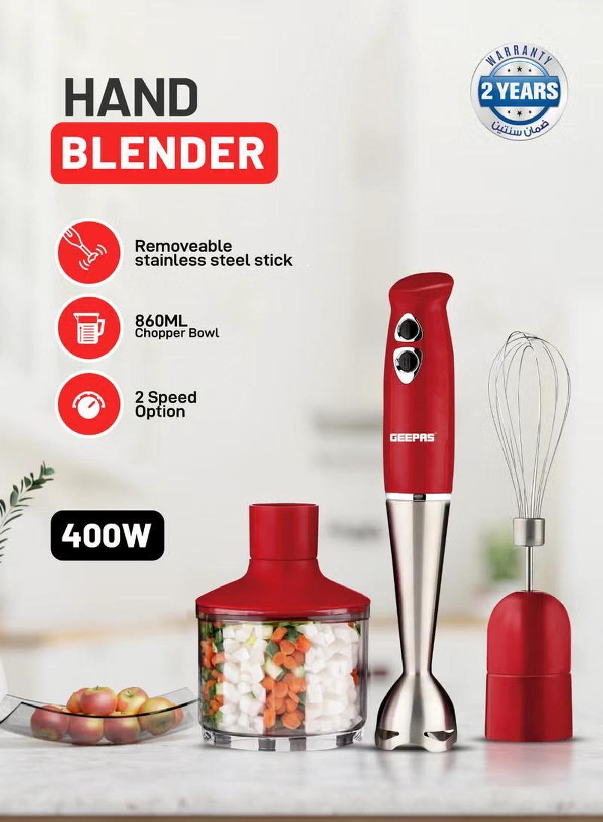 Geepas Hand Blender - Stainless Steel Blades with 2 Speed for Baby Food, Soup, Juice | 860ml Chopper Bowl & Electric Egg Whisk - 2 Years Warranty GHB6136 Red/Silver/Clear-0-portrait