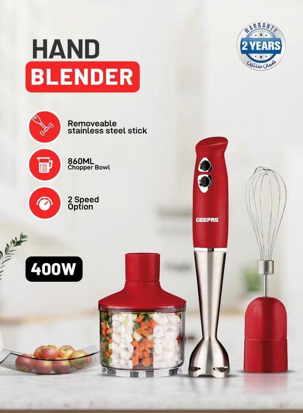Geepas Hand Blender - Stainless Steel Blades with 2 Speed for Baby Food, Soup, Juice | 860ml Chopper Bowl & Electric Egg Whisk - 2 Years Warranty GHB6136 Red/Silver/Clear