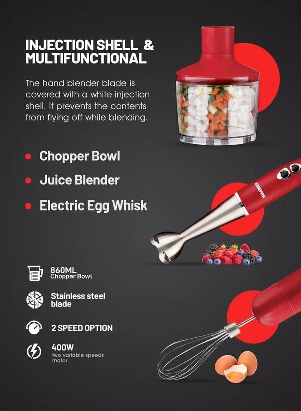 Geepas Hand Blender - Stainless Steel Blades with 2 Speed for Baby Food, Soup, Juice | 860ml Chopper Bowl & Electric Egg Whisk - 2 Years Warranty GHB6136 Red/Silver/Clear