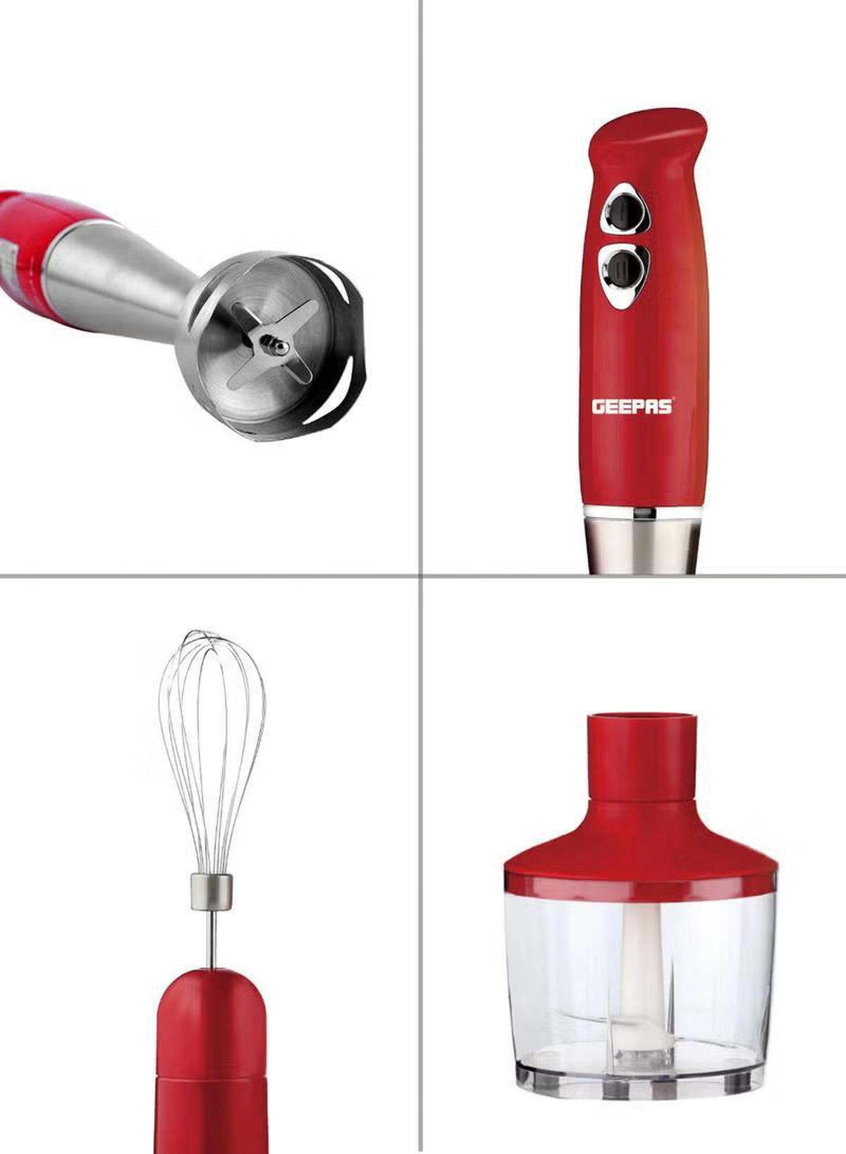 Geepas Hand Blender - Stainless Steel Blades with 2 Speed for Baby Food, Soup, Juice | 860ml Chopper Bowl & Electric Egg Whisk - 2 Years Warranty GHB6136 Red/Silver/Clear-2-2