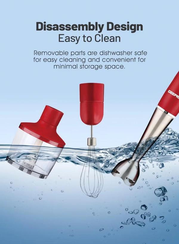 Geepas Hand Blender - Stainless Steel Blades with 2 Speed for Baby Food, Soup, Juice | 860ml Chopper Bowl & Electric Egg Whisk - 2 Years Warranty GHB6136 Red/Silver/Clear