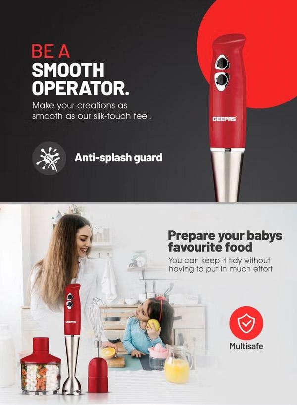 Geepas Hand Blender - Stainless Steel Blades with 2 Speed for Baby Food, Soup, Juice | 860ml Chopper Bowl & Electric Egg Whisk - 2 Years Warranty GHB6136 Red/Silver/Clear